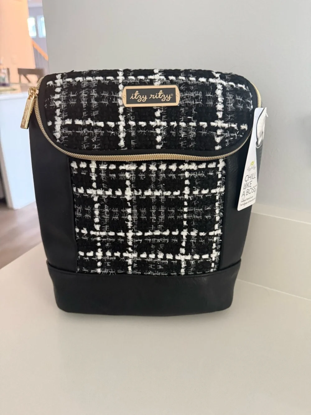 Itzy Ritzy Black & White Tweed Men’s Backpack with Gold Accents